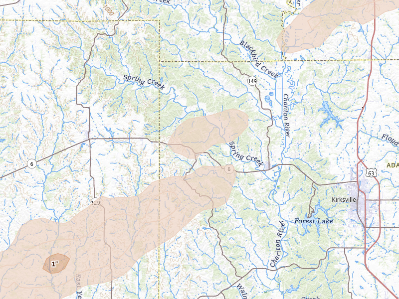 Radar-estimated hail-size map of the storm over Green Castle, MO on Mar 10, 2026