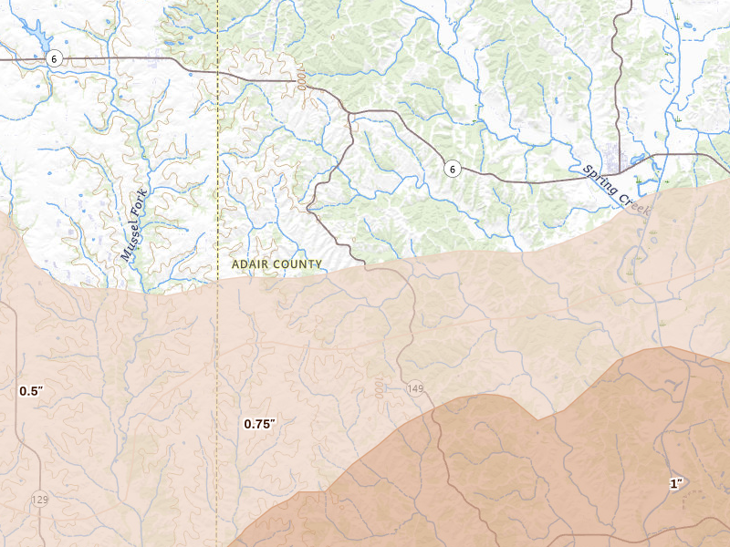 Radar-estimated hail-size map of the storm over Green Castle, MO on Jun 10, 2026