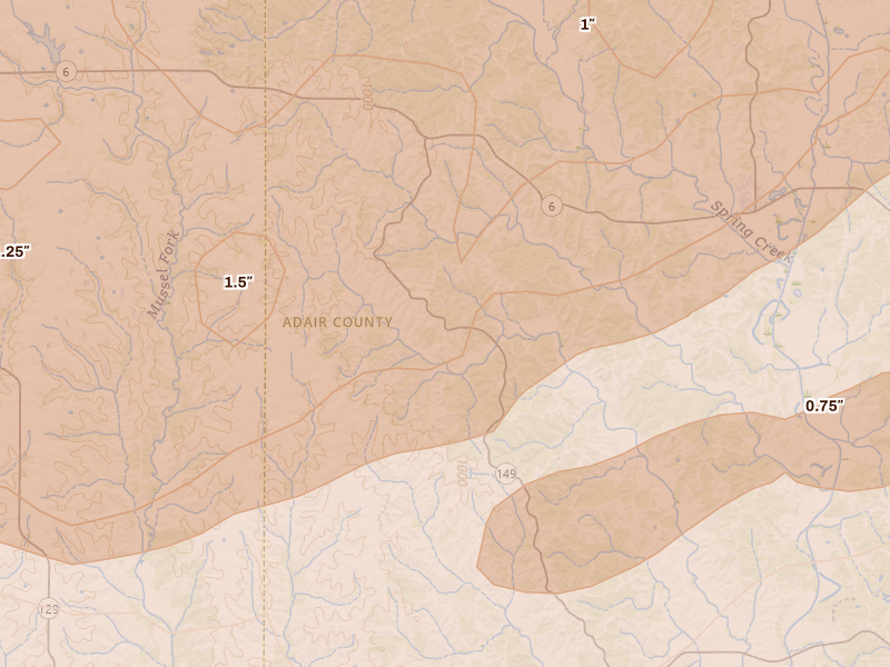 Radar-estimated hail-size map of the storm over Green Castle, MO on Jun 11, 2026
