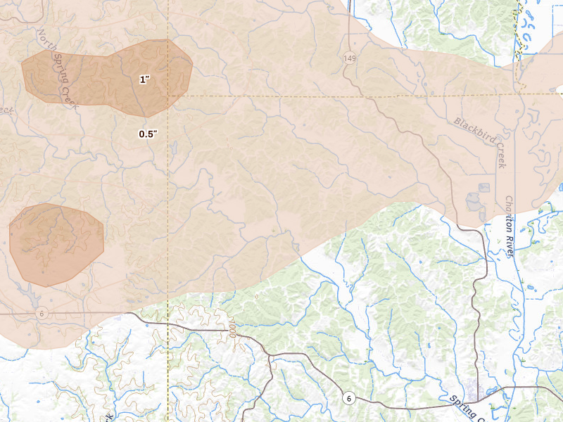 Radar-estimated hail-size map of the storm over Green Castle, MO on Aug 14, 2026