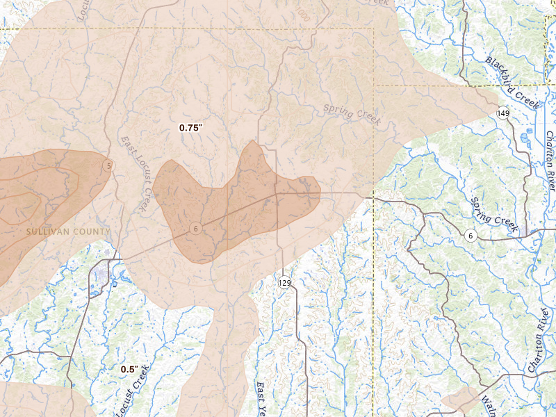 Radar-estimated hail-size map of the storm over Green City, MO on May 16, 2026