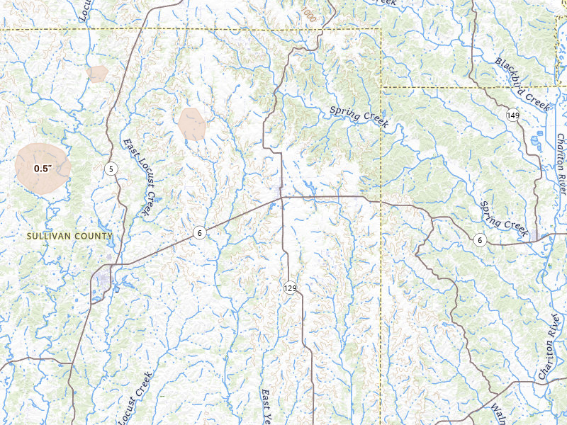 Radar-estimated hail-size map of the storm over Green City, MO on May 18, 2026