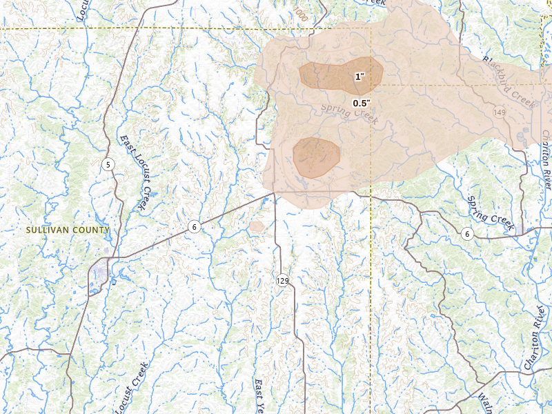 Radar-estimated hail-size map of the storm over Green City, MO on Aug 14, 2026
