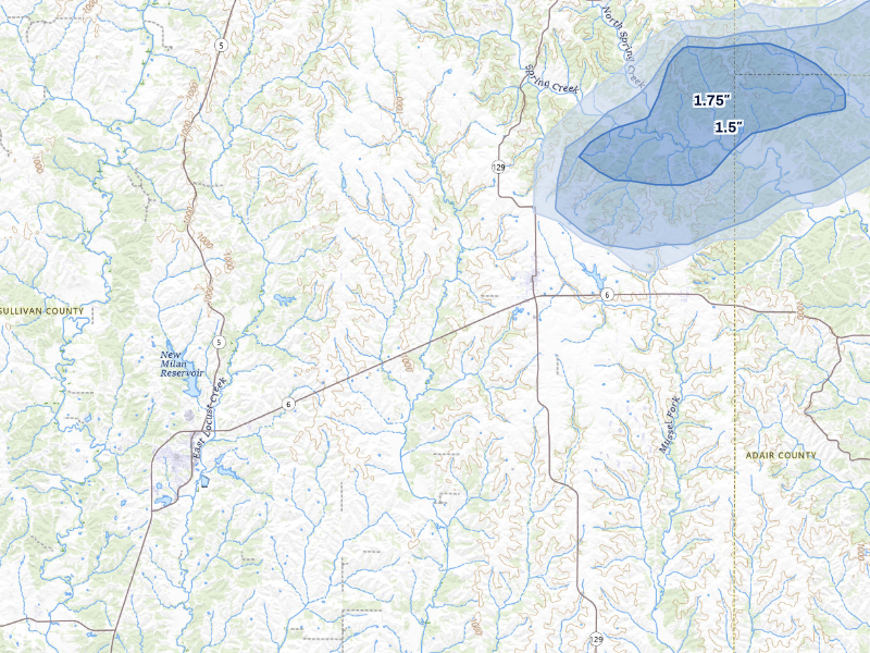NEXRAD radar-signature map of the hail storm over Green City, MO on Aug 14, 2026