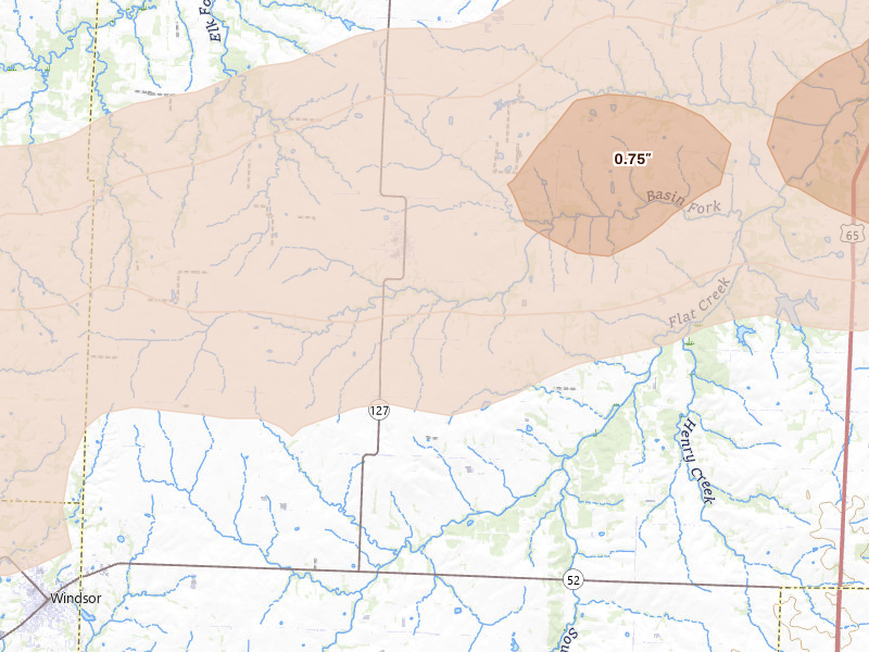 Radar-estimated hail-size map of the storm over Green Ridge, MO on Apr 27, 2026
