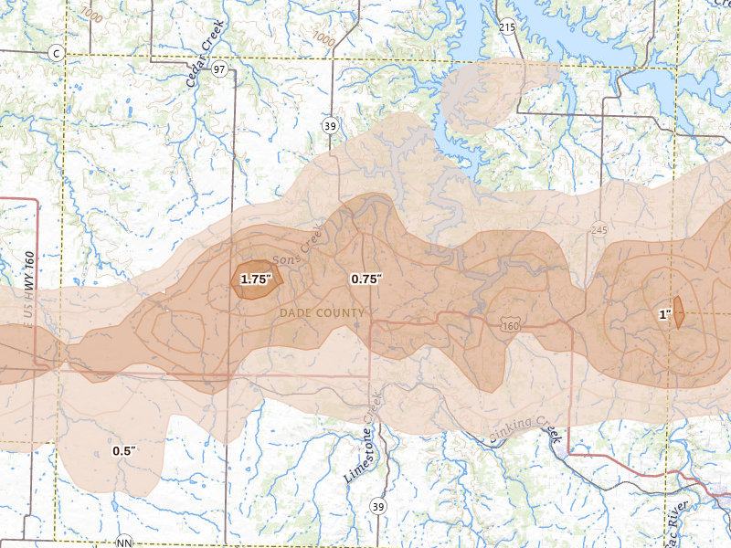 Radar-estimated hail-size map of the storm over Greenfield, MO on Apr 26, 2026