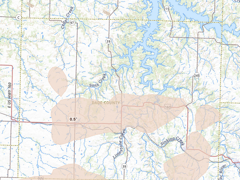 Radar-estimated hail-size map of the storm over Greenfield, MO on May 30, 2026