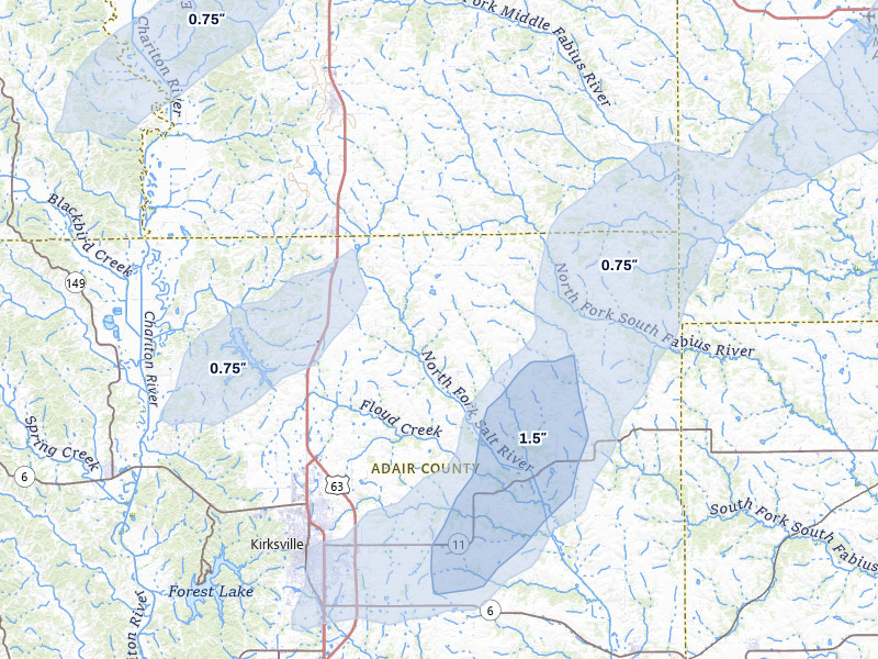 NEXRAD radar-signature map of the hail storm over Greentop, MO on Mar 5, 2026