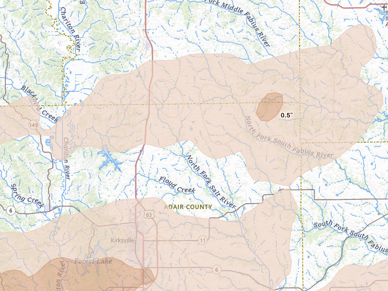 Radar-estimated hail-size map of the storm over Greentop, MO on Jun 10, 2026