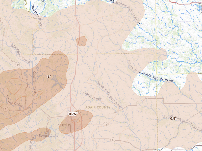 Radar-estimated hail-size map of the storm over Greentop, MO on Jun 11, 2026