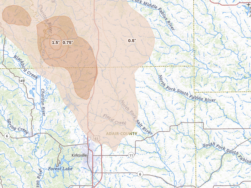 Radar-estimated hail-size map of the storm over Greentop, MO on Jul 20, 2026