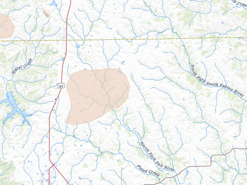 Radar-estimated hail-size map of the storm over Greentop, MO on Aug 14, 2026