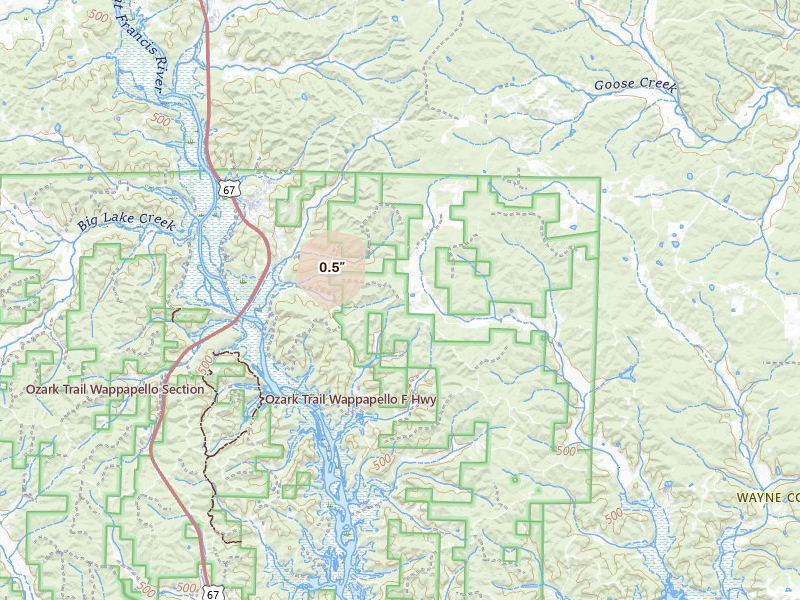 Radar-estimated hail-size map of the storm over Greenville, MO on Mar 4, 2026