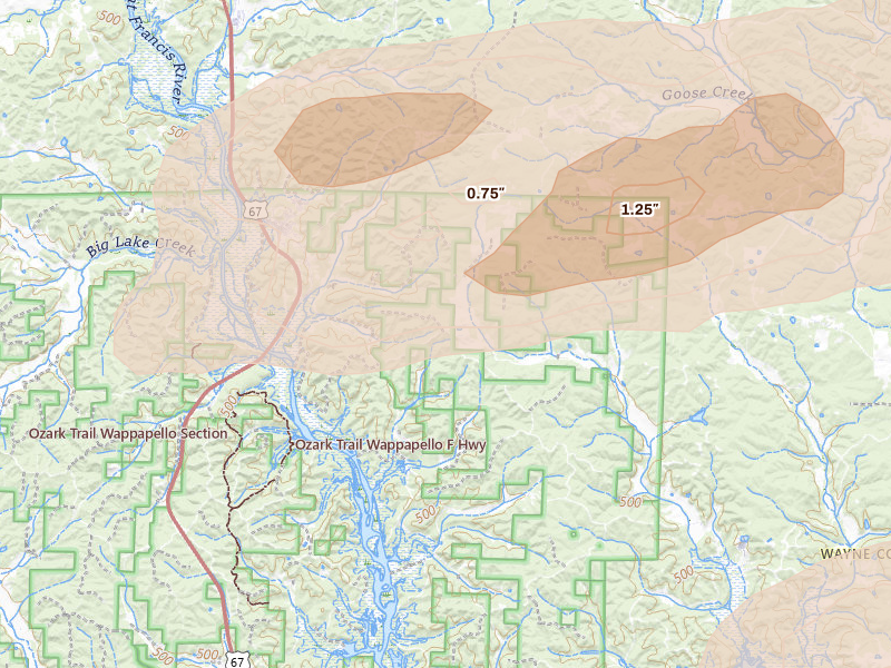 Radar-estimated hail-size map of the storm over Greenville, MO