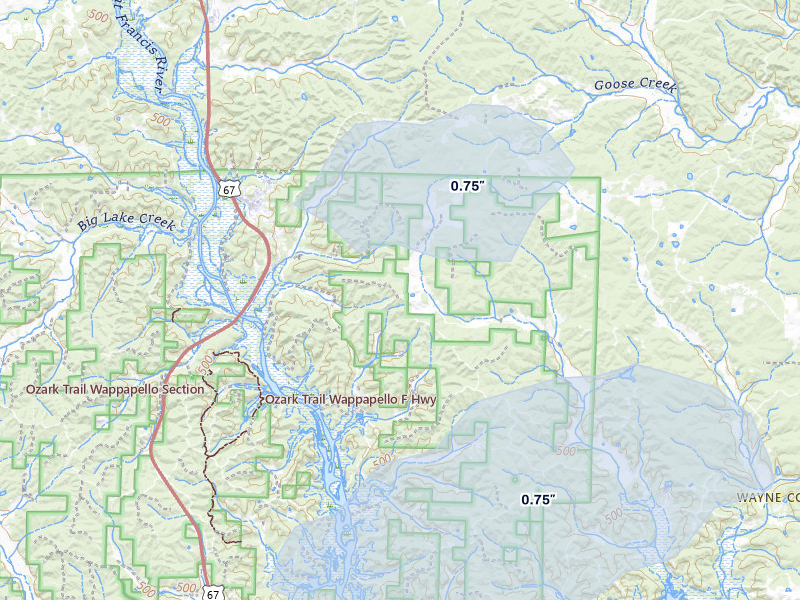 NEXRAD radar-signature map of the hail over Greenville, MO