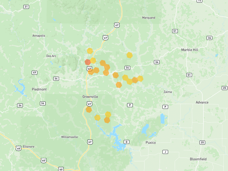 Hail map of Greenville, MO on Jul 10, 2026, hail up to 1.5"