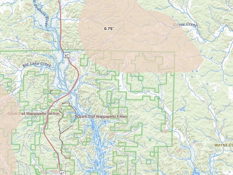 Radar-estimated hail-size map of the storm over Greenville, MO on Aug 26, 2026