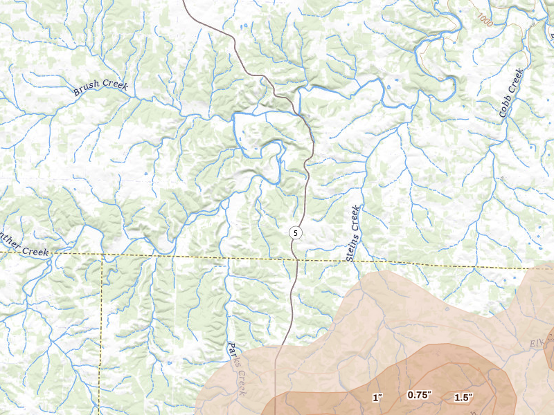 Radar-estimated hail-size map of the storm over Grovespring, MO on Mar 4, 2026
