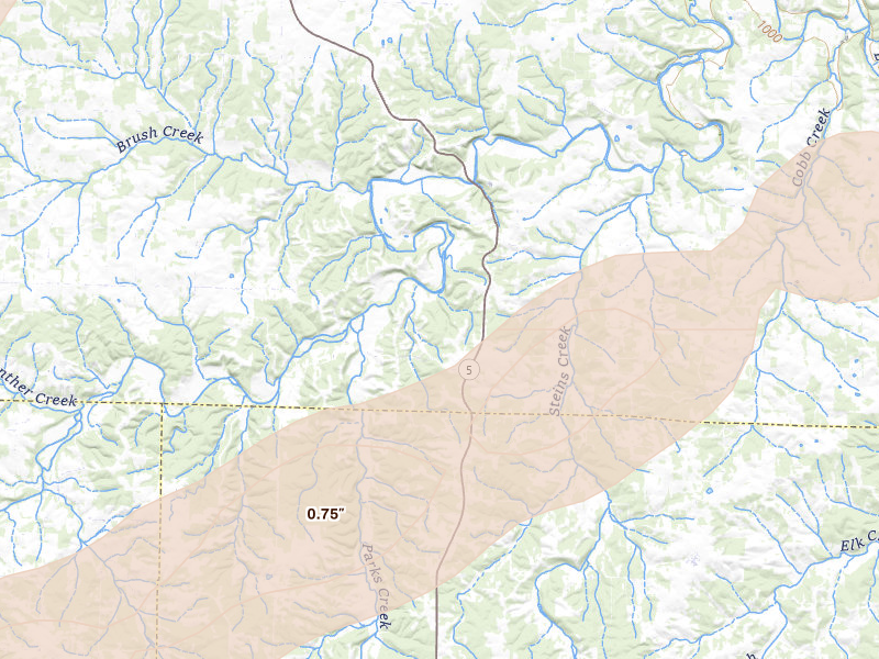 Radar-estimated hail-size map of the storm over Grovespring, MO on Apr 28, 2026