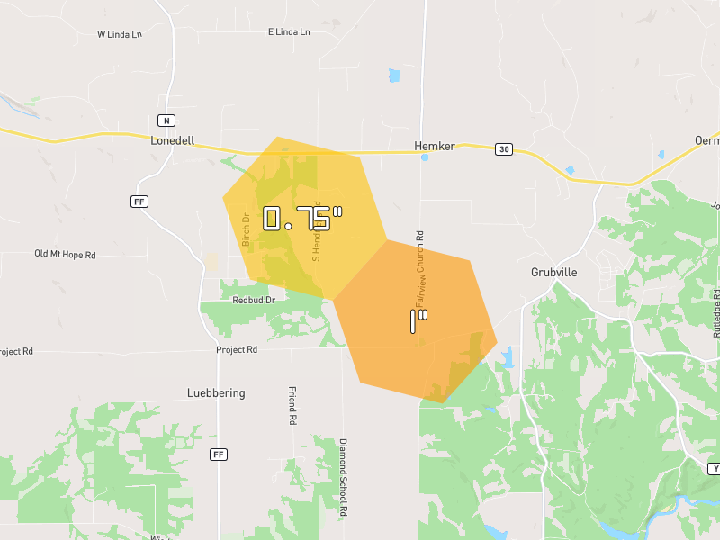Hail map of Grubville, MO on Jul 4, 2026, hail up to 1"