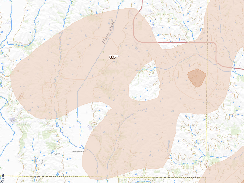 Radar-estimated hail-size map of the storm over Guilford, MO on May 16, 2026