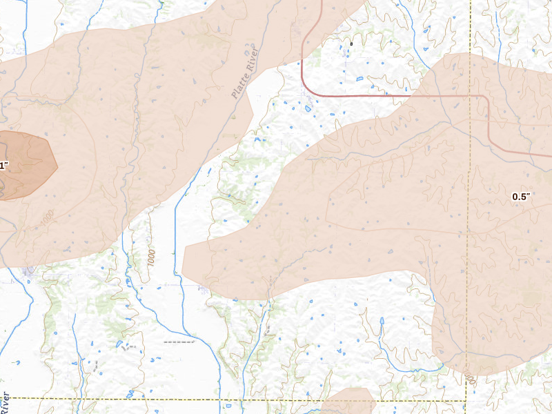 Radar-estimated hail-size map of the storm over Guilford, MO on Jun 10, 2026
