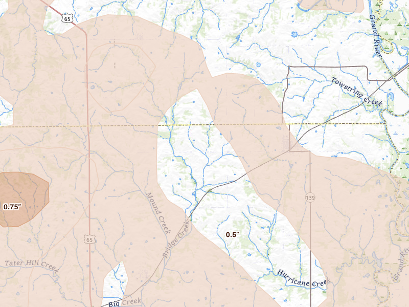 Radar-estimated hail-size map of the storm over Hale, MO on Apr 26, 2026