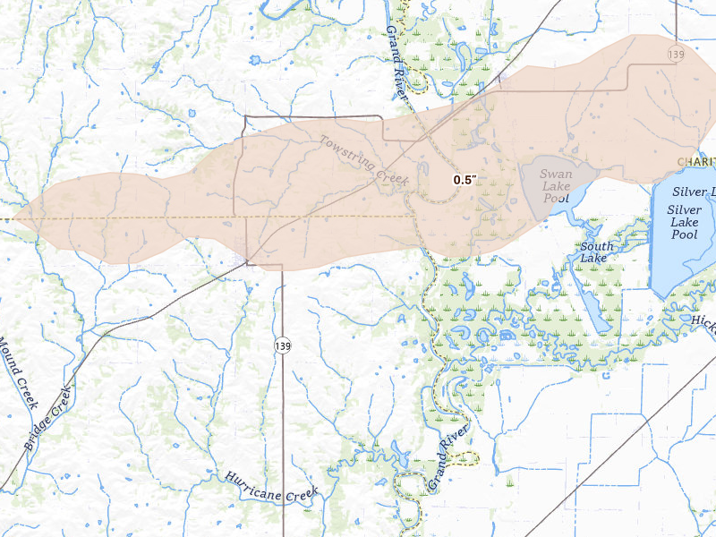 Radar-estimated hail-size map of the storm over Hale, MO on Aug 5, 2026