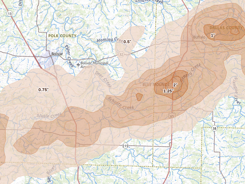 Radar-estimated hail-size map of the storm over Half Way, MO on Apr 26, 2026