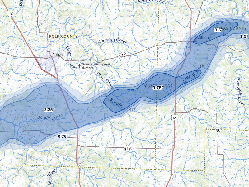 NEXRAD radar-signature map of the hail storm over Half Way, MO on Apr 26, 2026