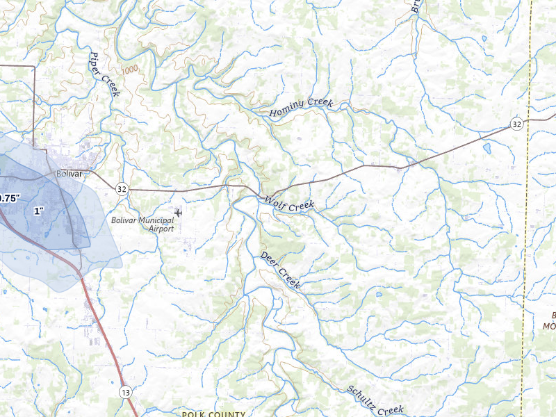 NEXRAD radar-signature map of the hail storm over Half Way, MO on Jul 8, 2026