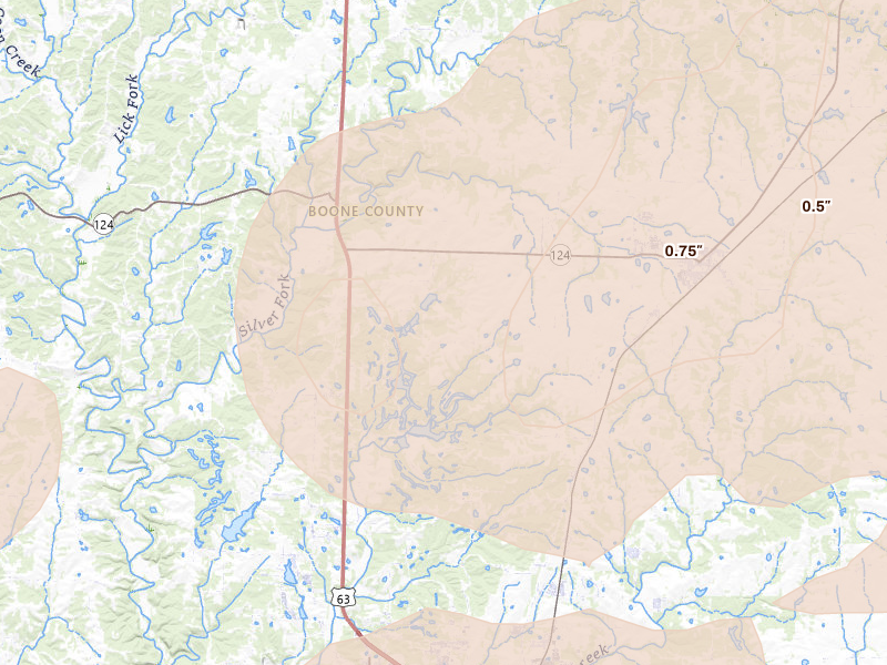 Radar-estimated hail-size map of the storm over Hallsville, MO on Apr 27, 2026