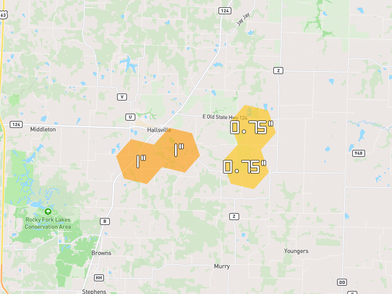 Hail map of Hallsville, MO on Jun 1, 2026, hail up to 1"