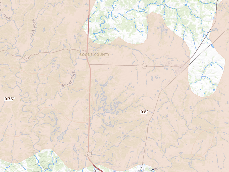 Radar-estimated hail-size map of the storm over Hallsville, MO on Jun 11, 2026