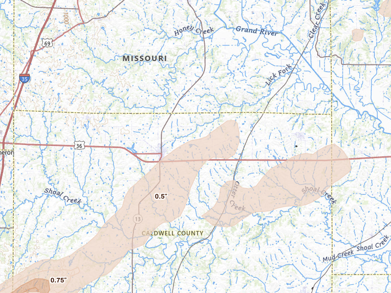 Radar-estimated hail-size map of the storm over Hamilton, MO on Mar 10, 2026