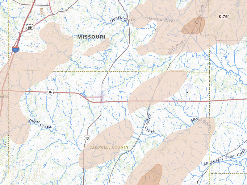 Radar-estimated hail-size map of the storm over Hamilton, MO on Apr 17, 2026