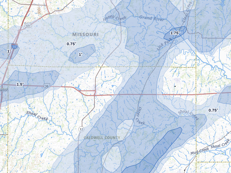 NEXRAD radar-signature map of the hail over Hamilton, MO