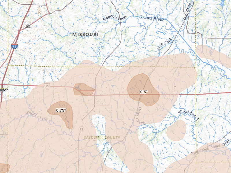 Radar-estimated hail-size map of the storm over Hamilton, MO on Apr 26, 2026