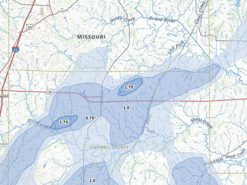 NEXRAD radar-signature map of the hail over Hamilton, MO