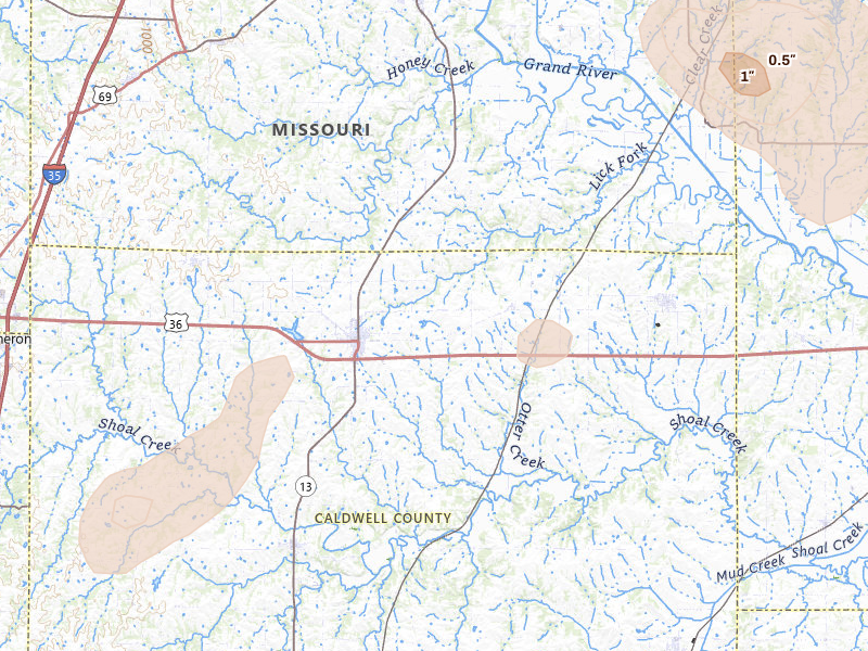 Radar-estimated hail-size map of the storm over Hamilton, MO on May 31, 2026