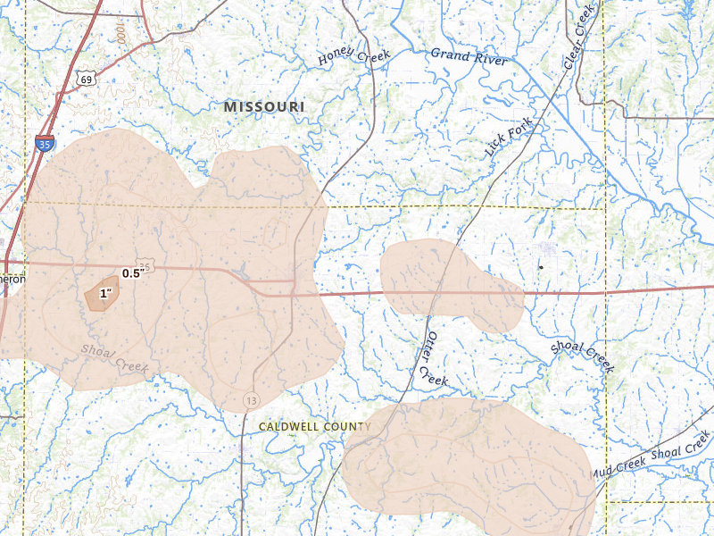 Radar-estimated hail-size map of the storm over Hamilton, MO on Aug 8, 2026