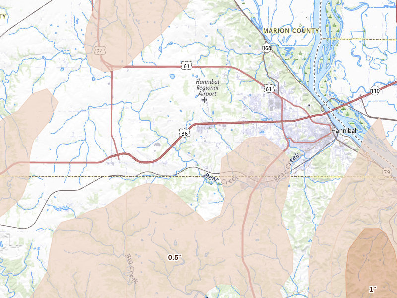 Radar-estimated hail-size map of the storm over Hannibal, MO on Apr 27, 2026