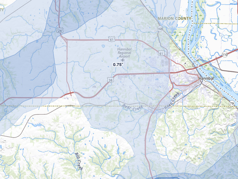 NEXRAD radar-signature map of the hail over Hannibal, MO