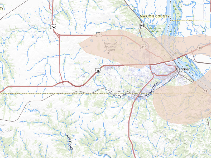 Radar-estimated hail-size map of the storm over Hannibal, MO on May 14, 2026