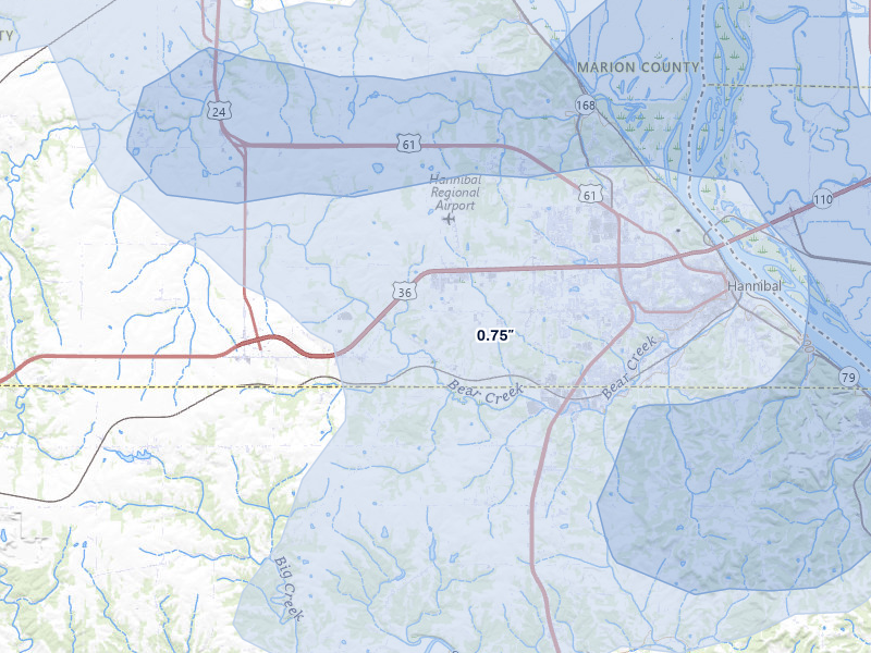 NEXRAD radar-signature map of the hail over Hannibal, MO