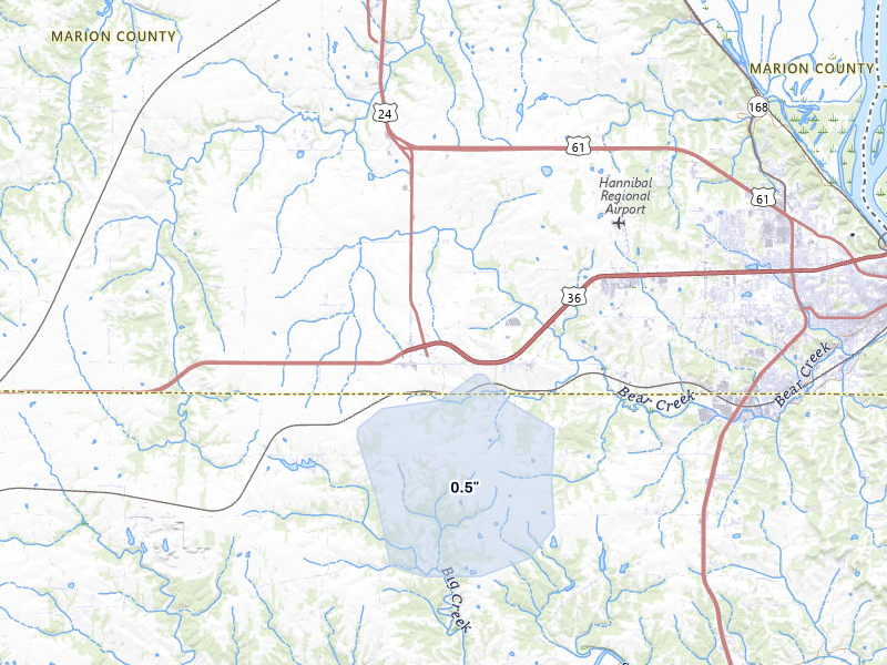 NEXRAD radar-signature map of the hail storm over Hannibal, MO on May 17, 2026