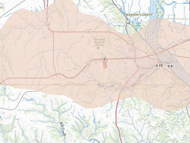 Radar-estimated hail-size map of the storm over Hannibal, MO on Jun 10, 2026