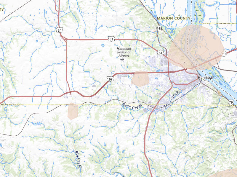 Radar-estimated hail-size map of the storm over Hannibal, MO on Jun 11, 2026