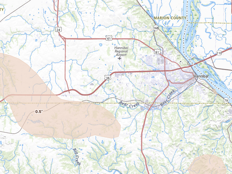 Radar-estimated hail-size map of the storm over Hannibal, MO on Jul 10, 2026