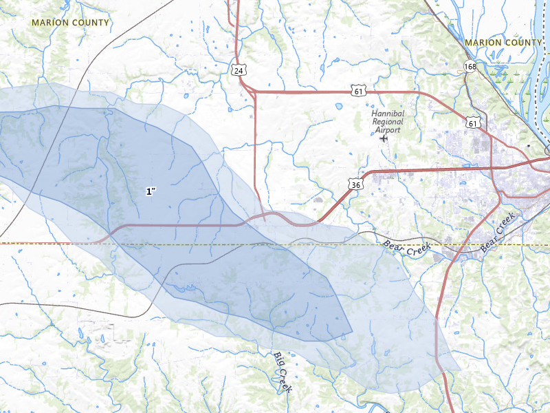 NEXRAD radar-signature map of the hail storm over Hannibal, MO on Jul 10, 2026